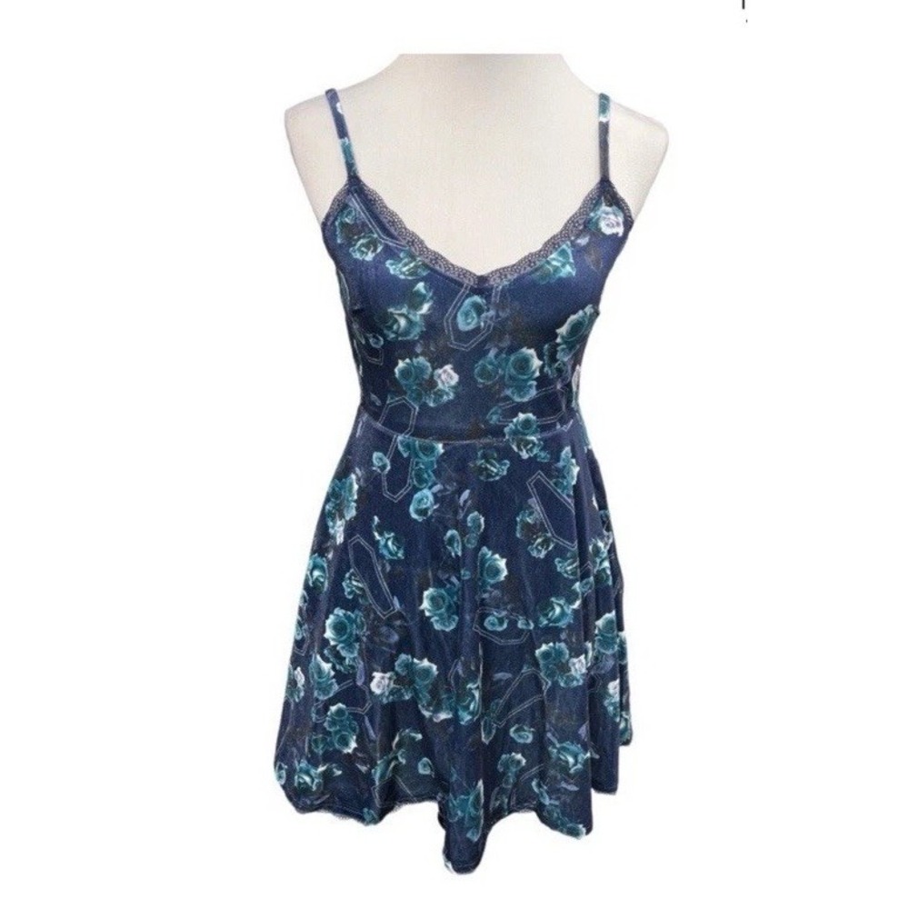 Hot‎ Topic Coffin & Roses Dress Velvet Black Blue Goth Grunge Skater Woman A